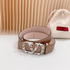 Vlogo Brown Black White Stone Silver Buckle Belt 40mm Brown Light Pink Leather
