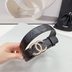 CC 30MM BELT IN BLACK EMBROIDERED CALFSKIN GOLD HARDWARE