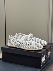 ALAIA MARY JANE FLATS 25S IN WHITE MESH CALSKIN WITH SILVER HARDWARE