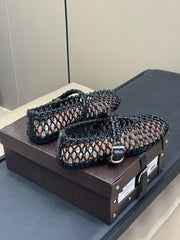 ALAIA MARY JANE FLATS 25S IN BLACK MESH CALSKIN WITH SILVER HARDWARE