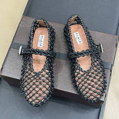 ALAIA MARY JANE FLATS 25S IN BLACK MESH CALSKIN WITH SILVER HARDWARE