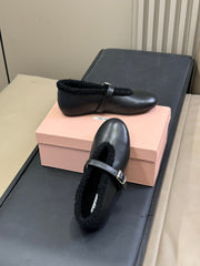 ALAIA 25S MARY JANE SHEARLING FLATS IN BLACK CALFSKIN