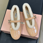 ALAIA 25S MARY JANE SHEARLING FLATS IN DARK NUDE GLOSSY CALFSKIN