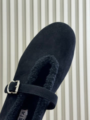 ALAIA 25S MARY JANE SHEARLING FLATS IN BLACK SUEDE