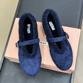 ALAIA 25S MARY JANE SHEARLING FLATS IN DARK BLUE SUEDE
