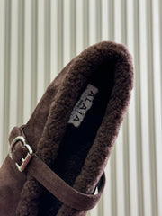 ALAIA 25S MARY JANE SHEARLING FLATS IN DARK BROWN SUEDE