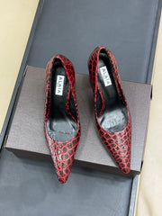 ALAIA 25S POINTY TOE PUMPS CROCODILE-EMBOSSED 90MM IN BURGUNDY CALFSKIN