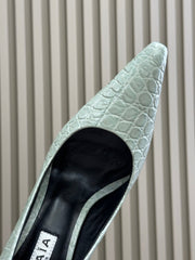 ALAIA 25S POINTY TOE PUMPS 90MM IN CELADON GREEN CALFSKIN