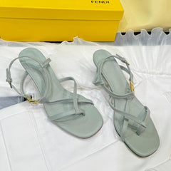 FENDI FFOLD MEDIUM-HEELED 55 MM SANDALS IN ASH GREY LAMBSKIN WITH GOLD HARDWARE