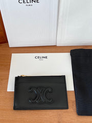 CELINE 25S ZIPPED CARD HOLDER 11 IN BLACK CALFSKIN GOLD HARDWARE