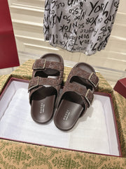 SANDALS IN NAVY BROWN SUEDE EMBOSSED LOGO SILVER HARDWARE