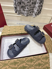 SANDALS IN NAVY BLUE SUEDE EMBOSSED LOGO SILVER HARDWARE