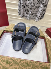 SANDALS IN NAVY BLUE SUEDE EMBOSSED LOGO SILVER HARDWARE