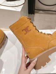 CELINE 25S HIGH HEELED LACE UP BOOTS 50MM IN DARK ORANGE SUEDE