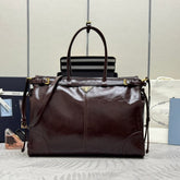 PRADA 25S BONNIE EXTRA-LARGE 42 IN DARK BROWN GLOSSY CALFSKIN GOLD HARDWRE