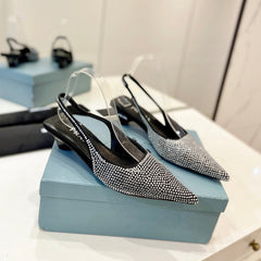 PRA SLINGBACK PUMPS BLACK SATIN WITH WHITE CRYSTALS