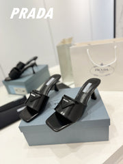 PRA BRUSHED LEATHER HEELED SLIDES BLACK