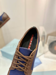 SNEAKERS IN BROWN LAMBSKIN AND NAVY BLUE CANVAS