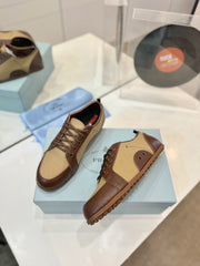 SNEAKERS IN BROWN LAMBSKIN AND BEIGE CANVAS