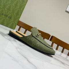 GG MULES IN MOSS GREEN FABRIC GOLD HARD WARE