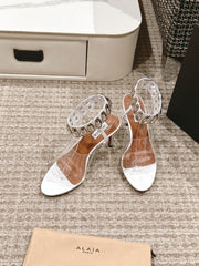 ALAIA HIGH SANDAL IN WHITE CALFSKN AND FILM WITH CRYSTAL