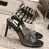ALAIA HIGH SANDAL IN BLACK CALFSKN AND FILM WITH CRYSTAL