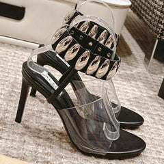 ALAIA HIGH SANDAL IN BLACK CALFSKN AND FILM WITH CRYSTAL