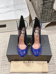 ALAIA ROUND-TOE HIGH HEELS 10 CM IN NAVY BLUE CALFSKIN