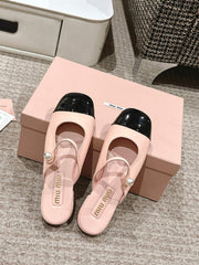 FLAT MULE IN BABY PINK MIX BLACK PATENT CALFSKIN