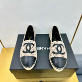 CC ESPADRILLES PLATFORM 25S IN LIGHT BEIGE TWEED MIX BLACK CALFSKIN WITH PLAID PATTERN