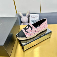 CC ESPADRILLES PLATFORM 25S IN PINK TWEED MIX BLACK CALFSKIN WITH LINED PATTERN