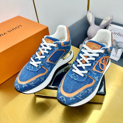 NEO RUN AWAY SNEAKER IN CLASSIC BLUE MONOGRAM DENIM AND ORANGE CALFSKIN