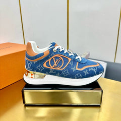 NEO RUN AWAY SNEAKER IN CLASSIC BLUE MONOGRAM DENIM AND ORANGE CALFSKIN