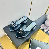 BOWKNOT RHINESTONES MID HEEL MULE IN STONE BLUE VELVET