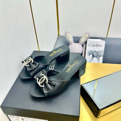 BOWKNOT RHINESTONES MID HEEL MULE IN BLACK CALFSKIN