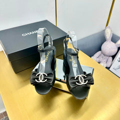 BOWKNOT RHINESTONES MID HEEL SANDAL IN BLACK CALFSKIN