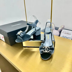 BOWKNOT RHINESTONES MID HEEL SANDAL IN STONE BLUE VELVET