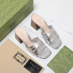 GG High Heels Half Slippers Silver