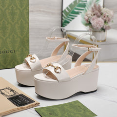 GG Horsebit Wedges Sandals White