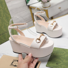 GG Horsebit Wedges Sandals White