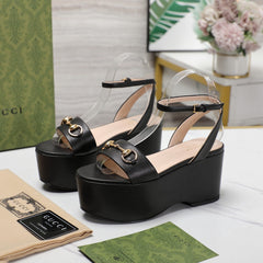 GG Horsebit Wedges Sandals Black