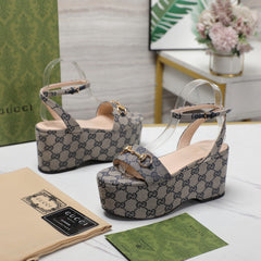 GG Horsebit Wedges Sandals Light Grey