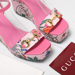 GG WEDGE HEEL SANDALS 100 IN PINK FABRIC FLORAL PRINT