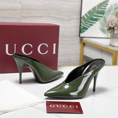 GG HEELED MULES 105 IN ARMY GREEN CALFSKIN