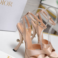 DIOR PEARL-EMBELLISHED HIGH HEEL SANDALS 25S 115 MM IN BEIGE SATIN