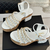 Double C Wooden Chain Platform Block Heel Sandals White