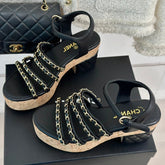 Double C Wooden Chain Platform Block Heel Sandals Black