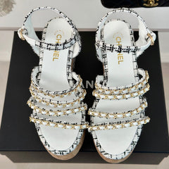 Double C Wooden Chain Platform Block Heel Sandals Black Caro/ White