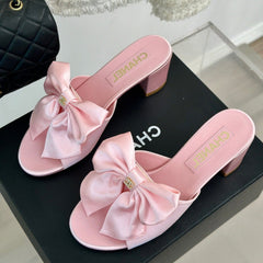 Double CC Big Bow High Heels Sheepskin Light Pink