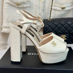 Double C High Heel Sandals Beige Cream Leather